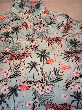 GreenSide Tropical Performance Golf Polo | Men’s Small | Flamingo Leopard Print